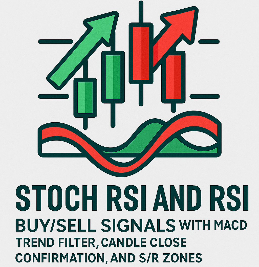 Stoch RSI and RSI Buy/Sell Signals with MACD Trend Filter, Candle Close Confirmation, and S/R Zones Tradingview